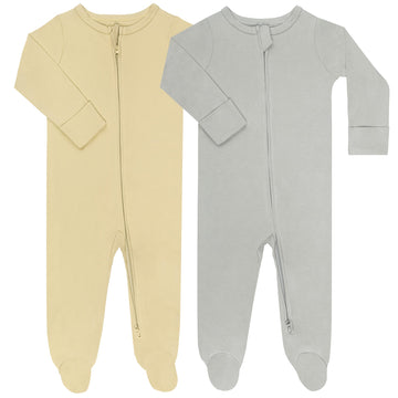 Guisby Footed Long Sleeve Baby Pajamas With Zipper Cotton Infant Sleepers Light Grey+Apricot Newborn
