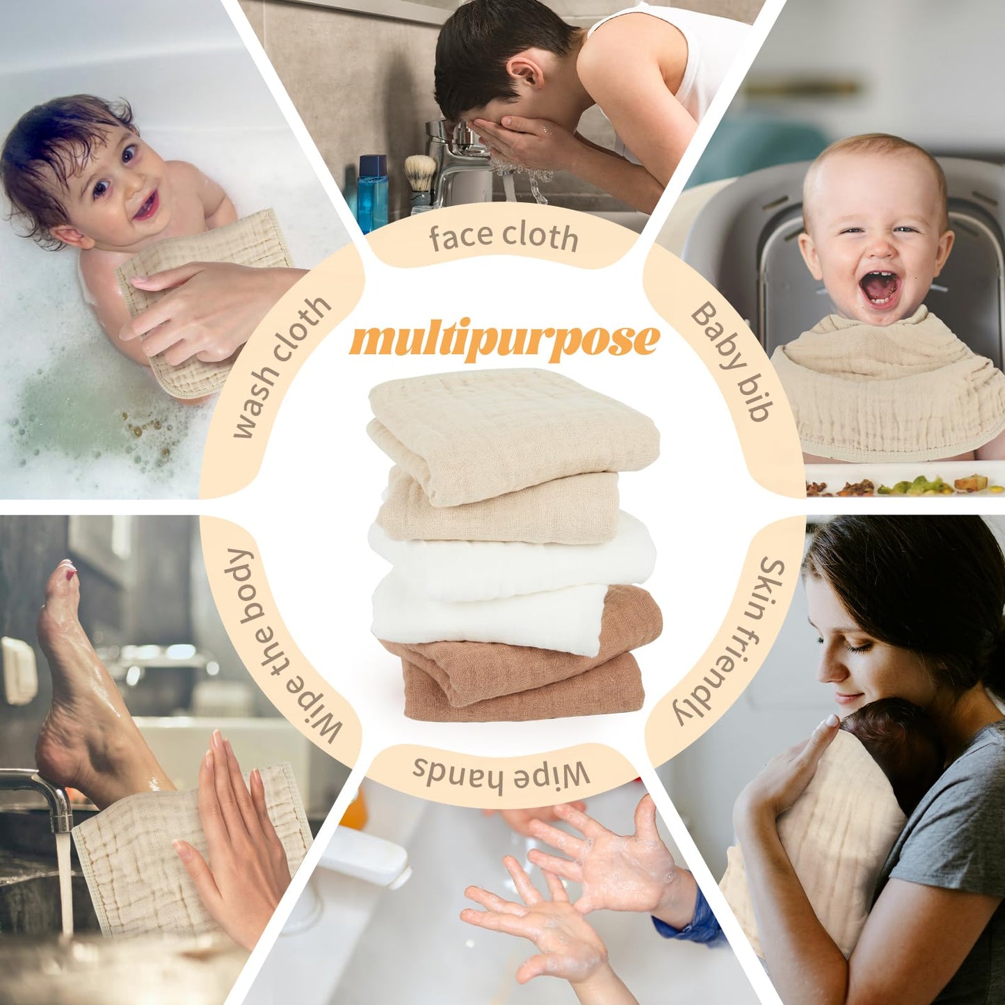 Migiol Baby Burp Cloth 100% Cotton Newborn Cotton Muslin Burp Cloth 10X20 Inches (White & Coffee 6 Pieces)