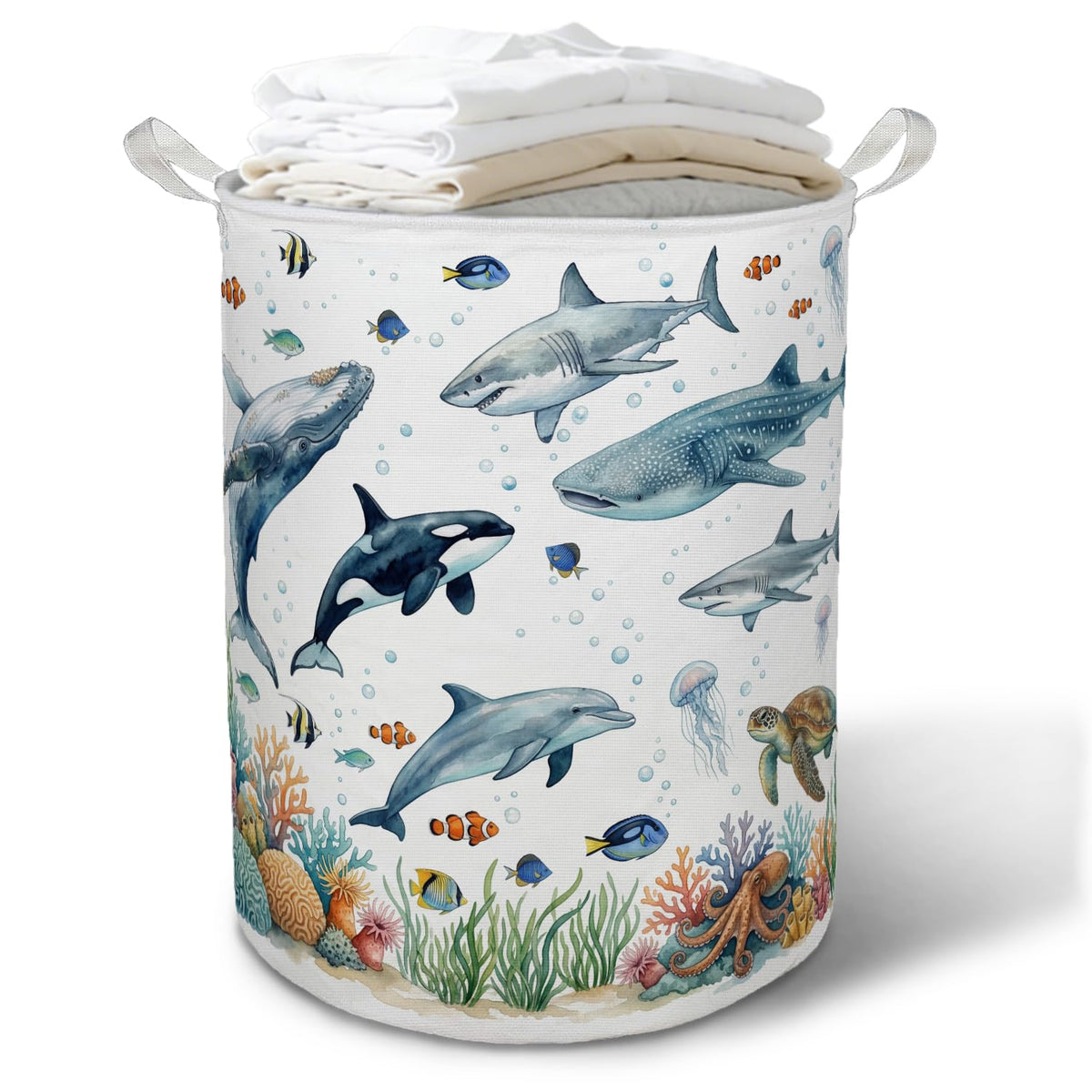 TAZSWDMM Ocean Animal Nursery Laundry Basket Hamper, Coastal Beach Fish Whale Turtle Foldable Clothes Toys Books Storage Box Bin