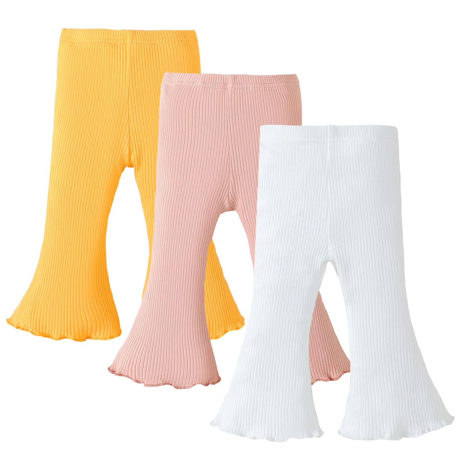 Sobowo 6-9 Month Girl Pants Toddler Baby Girl Flare Pants 3 Pack Solid Ribbed Ruffle Bell Bottoms Leggings Fall Outfits(White/Ye