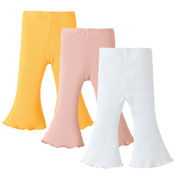 Sobowo 9-12 Month Girl Pants Toddler Baby Girl Flare Pants 3 Pack Solid Ribbed Ruffle Bell Bottoms Pants Fall Outfits(White/Yell