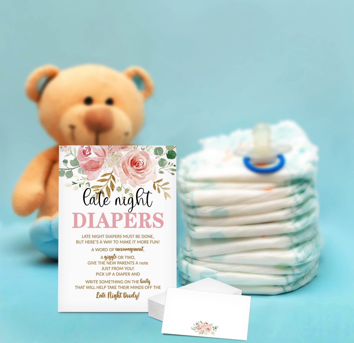 Late Night Diapers Sign, Greenery Floral Note Cards Diaper Thoughts, Late Night Diaper Baby Shower Game Set(1 Standing Sign + 20