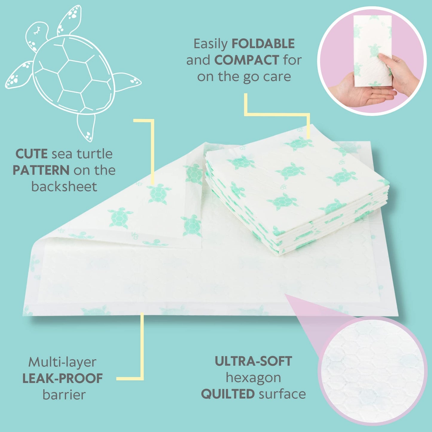 Vesta Baby Disposable Changing Pads (65 Pack) - Soft Absorbent Leak Proof Pee Mats - White Portable Diaper Change Underpads For