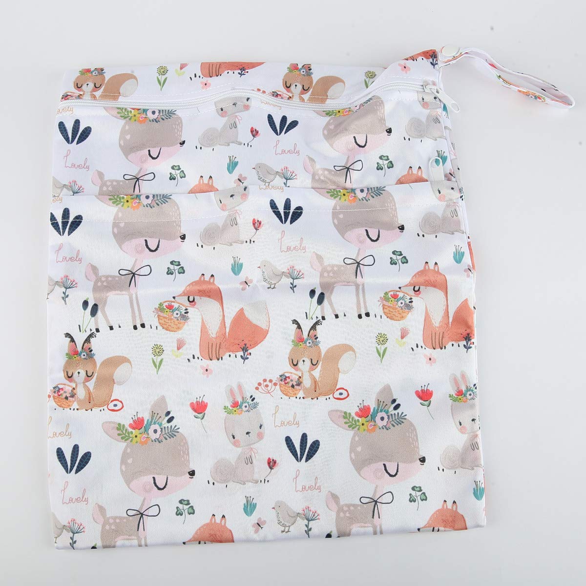 Wet Dry Bag Cloth Diaper Nappy Reusable Washable With Two Zippered Pockets (Rabbit Squirrel)