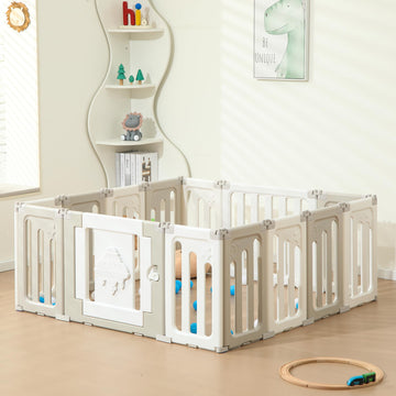 Baby Play Pen - 14 Panels Extra Large Playpen for Toddlers, Foldable UFO, Adjustable Play Yard, Portable Fence - Grey