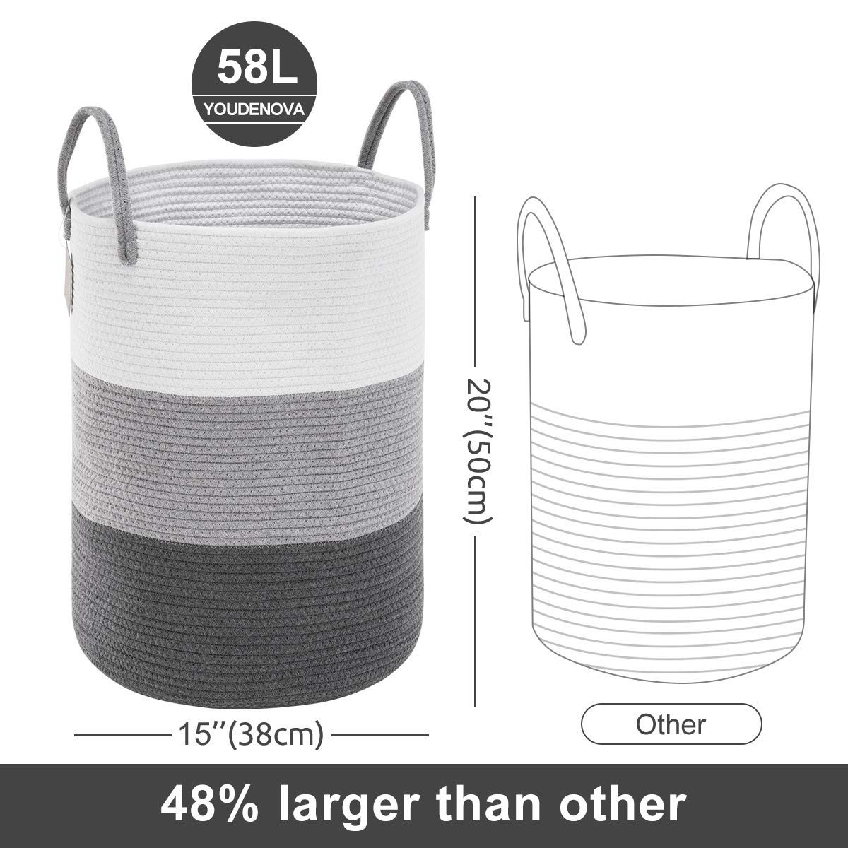 Youdenova Woven Rope Laundry Hamper Basket, 58L Tall Luandry Basket, Baby Nursery Hamper For Blanket Storage, Clothes Hampers Fo