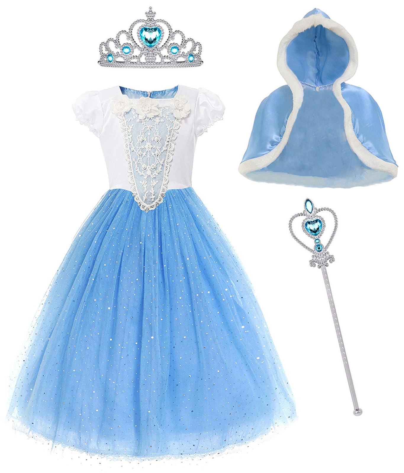 Myzls Cinderella Princess Dress Girls Snow White Fancy Party Costume Halloween Dress Up Outfit Size 150, 7-8 Years,Blue