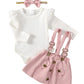 Kucnuzki Infant Baby Girl Clothes 6 Months Baby Girl Gifts Long Sleeve Ruffle Romper Onesie Pink Suspender Overall Dress Fall Ou