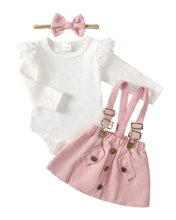 Kucnuzki Infant Baby Girl Clothes 6 Months Baby Girl Gifts Long Sleeve Ruffle Romper Onesie Pink Suspender Overall Dress Fall Ou