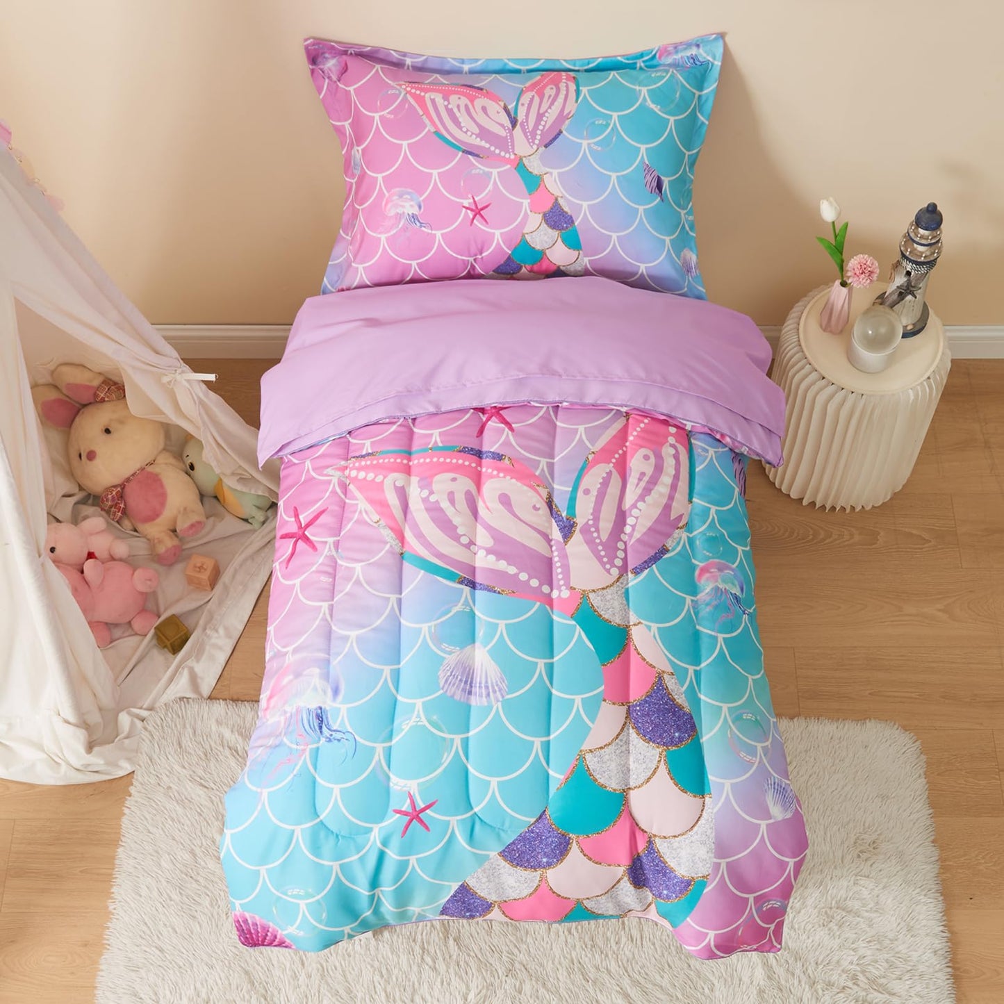 Suchbed Mermaid Tail Toddler Bedding Set Crib Bedding Set For Girls 4 Pieces With Toddler Comforter, Toddler Bed Sheets, Pillowc