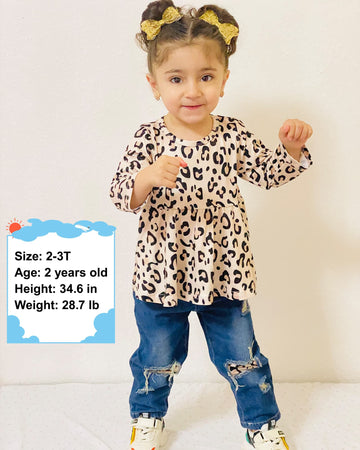 Caretoo Toddler Baby Girl Summer Clothes Set Ruffle Print Long Sleeves Pink Tops Ripped Jeans Pants 2Pcs Outfits 6M-4T