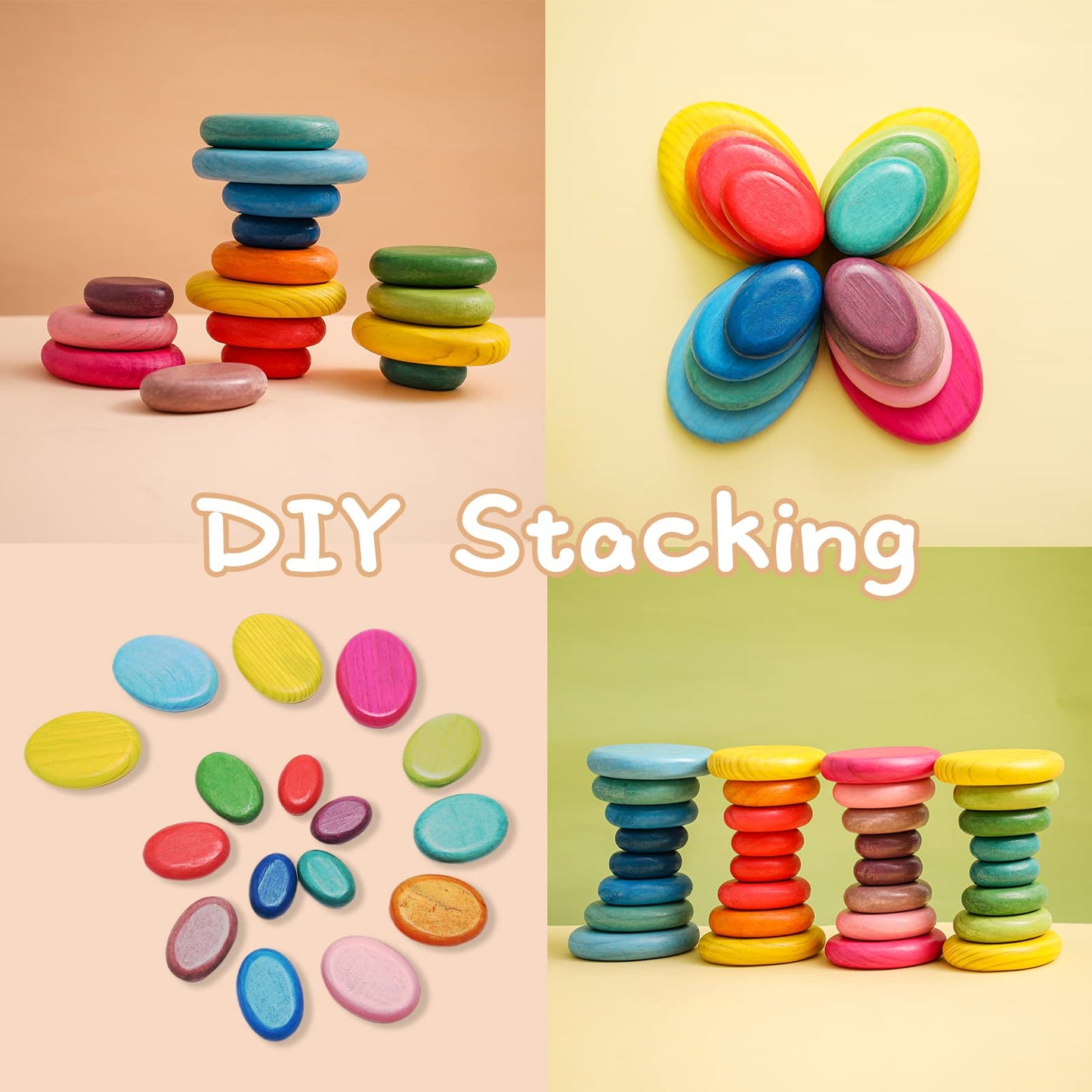 OESSUF 16pcs Extra-Large Wooden Stacking Rocks - Safe Montessori Toys for 1-3 Year Old, Waldorf Wooden Blocks for Toddlers 1-3,
