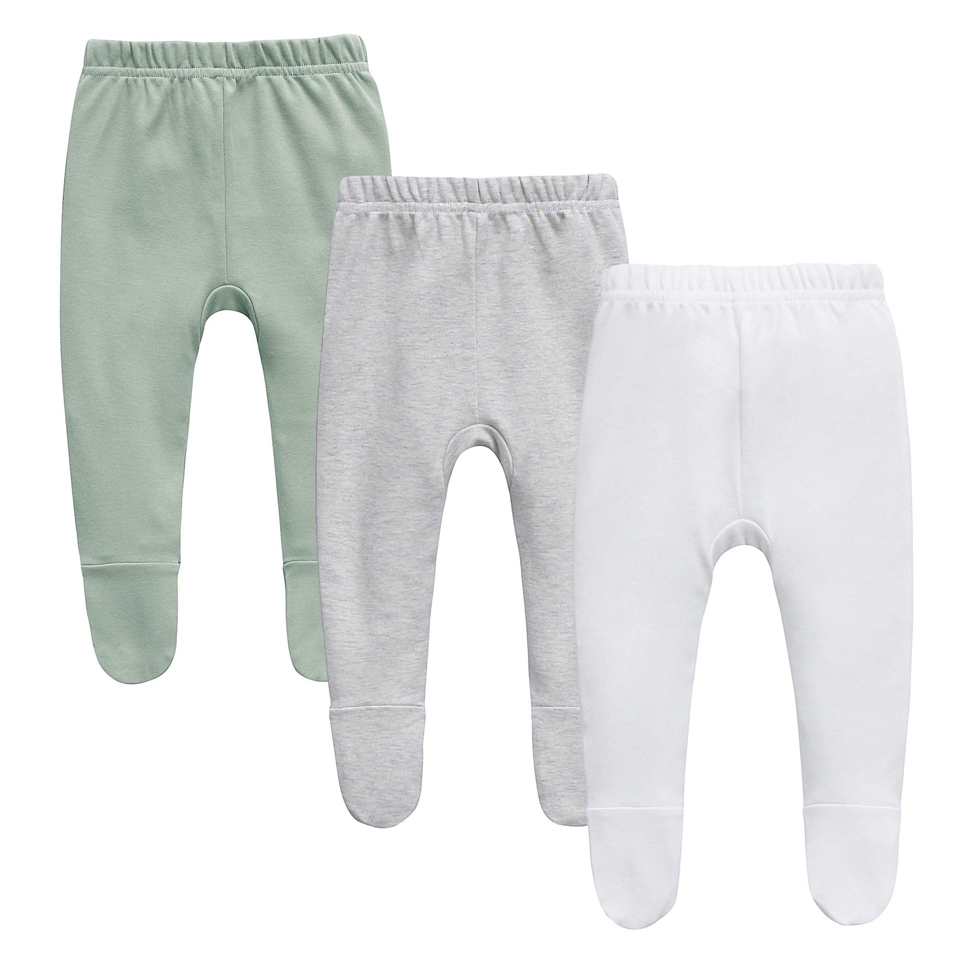 O2 Baby Organic Cotton Unisex Baby Jogger Pants, 3-Pack Pull-On Bottoms, Newborn Leggings (0-3 Months, Grey/White/Green)