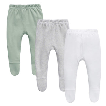 O2 Baby Organic Cotton Unisex Baby Jogger Pants, 3-Pack Pull-On Bottoms, Newborn Leggings (0-3 Months, Grey/White/Green)
