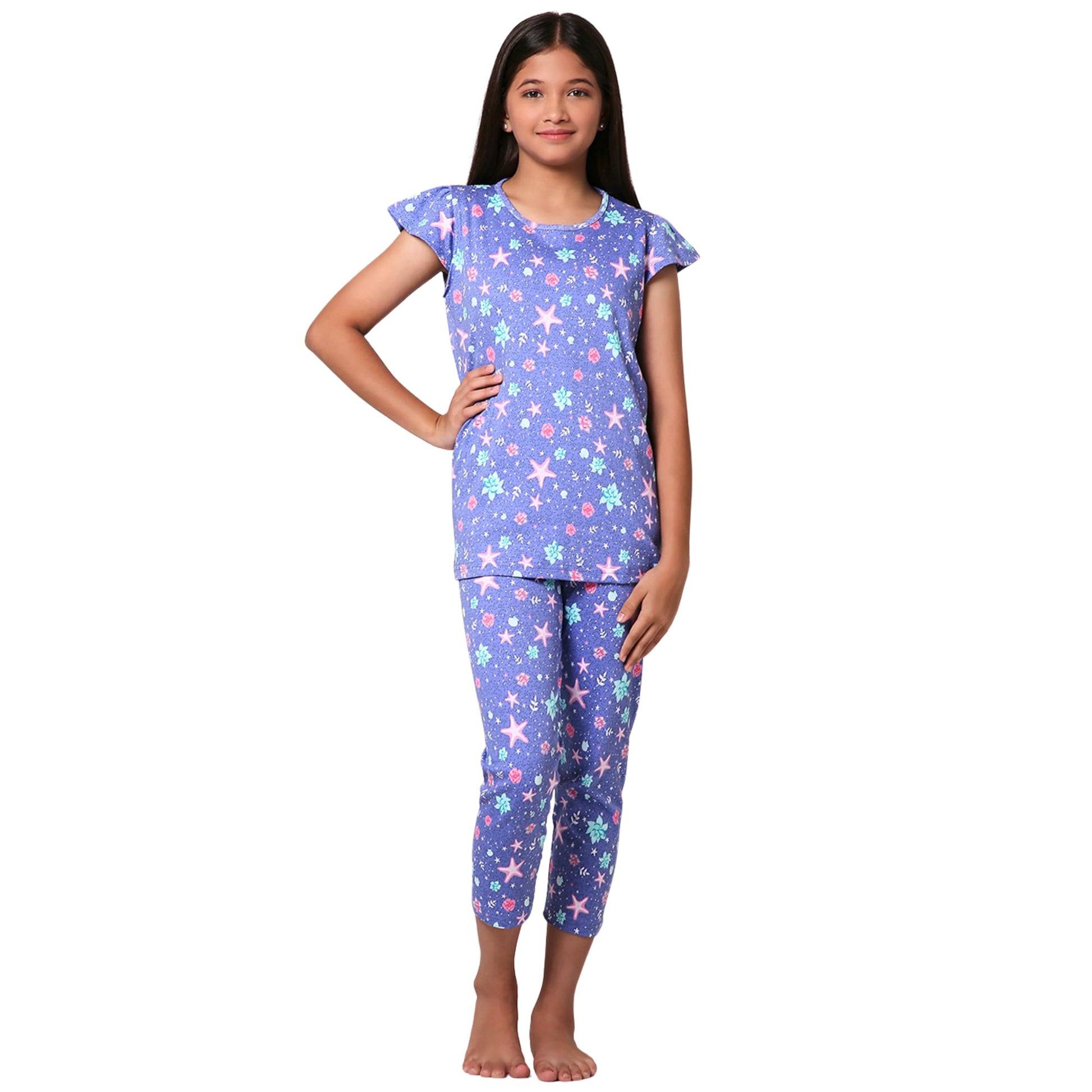 TotzTouch Girls Cotton Pyjama Set Printed T Shirt Capri Pant (3/4 th Pant) Night Dress Star Print Age 11 to 12 Years Pack of 1 P