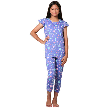 TotzTouch Girls Cotton Pyjama Set Printed T Shirt Capri Pant (3/4 th Pant) Night Dress Star Print Age 11 to 12 Years Pack of 1 P