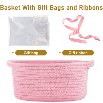 Poschnor Baby Gift Basket With Gift Bags And Ribbons, 12X 8X 5 Inch Basket For Baby And Pet Toys, Small Cotton Rope Basket - Pin