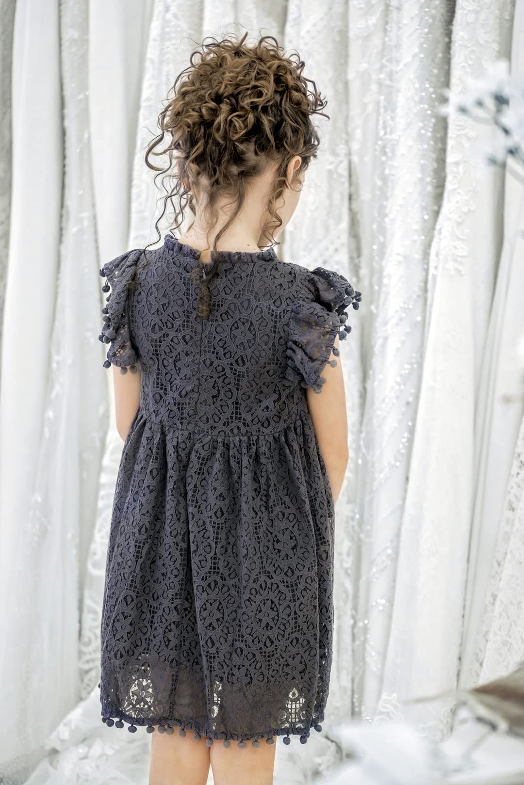 2Bunnies Girl Baby Toddler Vintage Lace Pom Pom Flutter Sleeve Easter Birthday Outfit Dress (Steel Gray, 5)