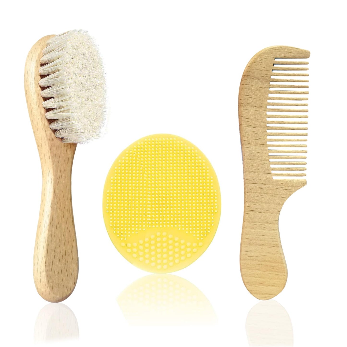 Molylove Baby Hair Brush With Wooden Handle And Comb Set For Newborns & Toddlers | Natural Soft Goat Bristles L Wood Comb L Yell