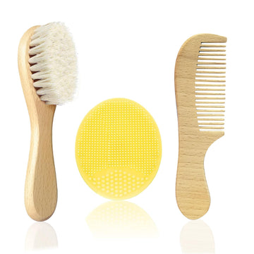 Molylove Baby Hair Brush With Wooden Handle And Comb Set For Newborns & Toddlers | Natural Soft Goat Bristles L Wood Comb L Yell