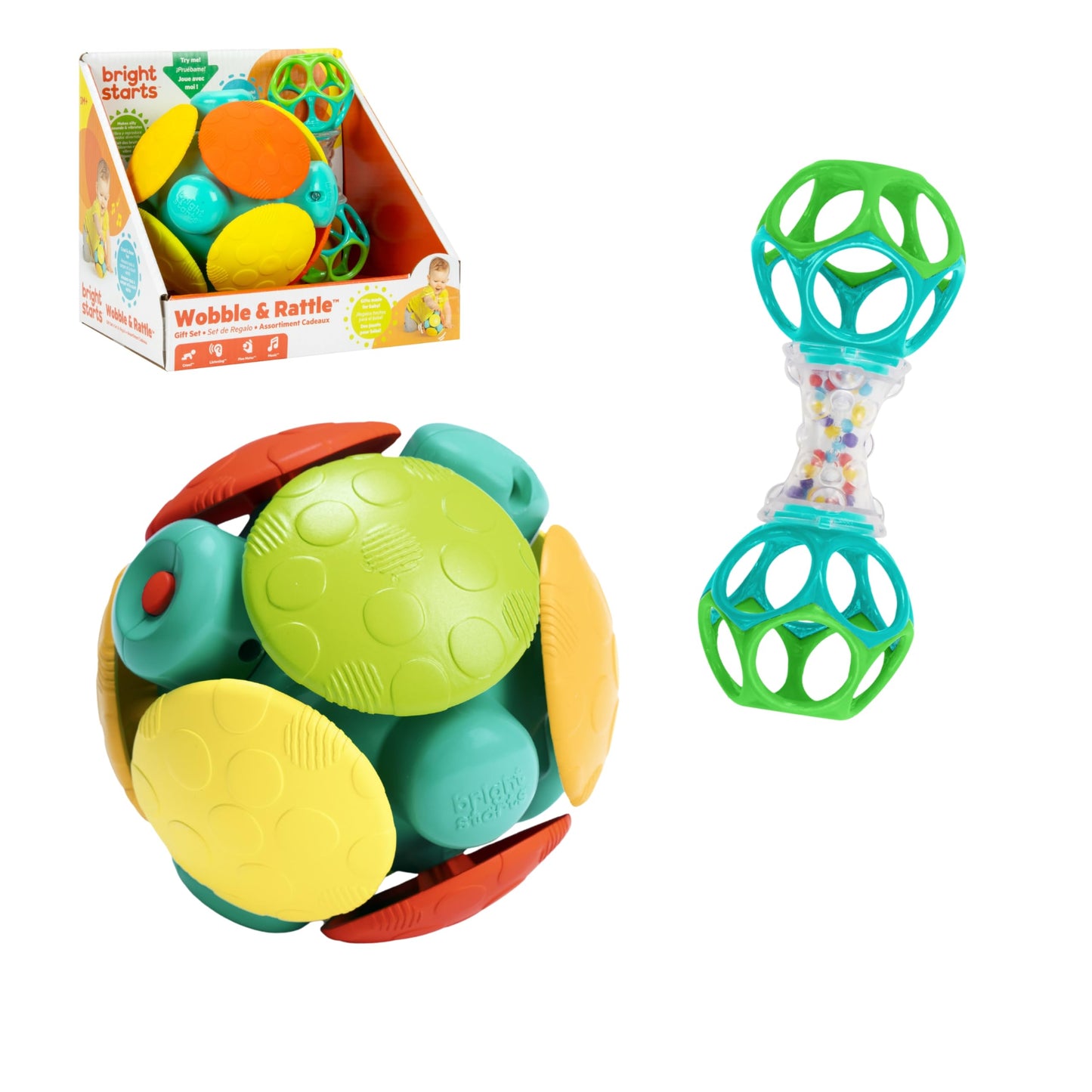 Bright Starts Wobble & Rattle Gift Set 2-PK Baby Toys, Rattles & Ball Toys, Crawl & Chase, Cause and Effect Learning, Unisex, 3-