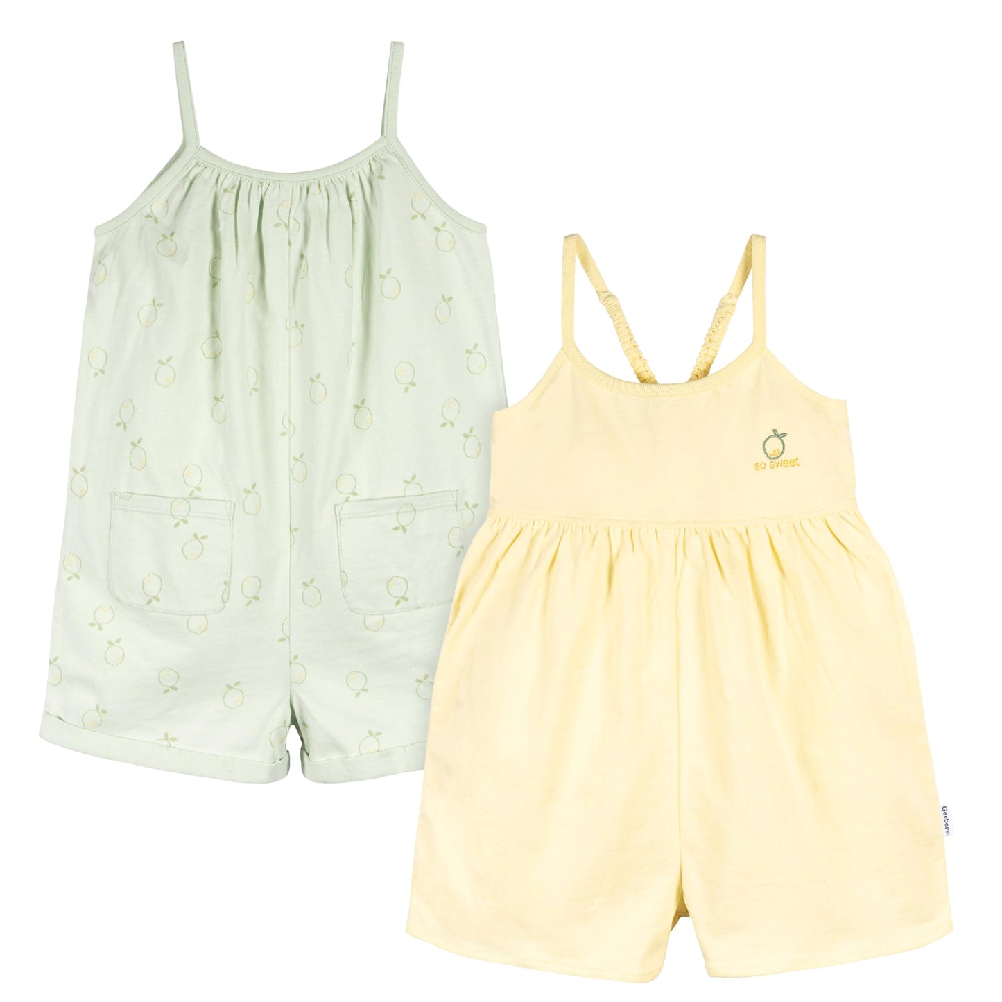 Gerber Baby Girls Toddler 2-Pack Sleeveless Romper Jumpsuit, Yellow Lemons, 4T