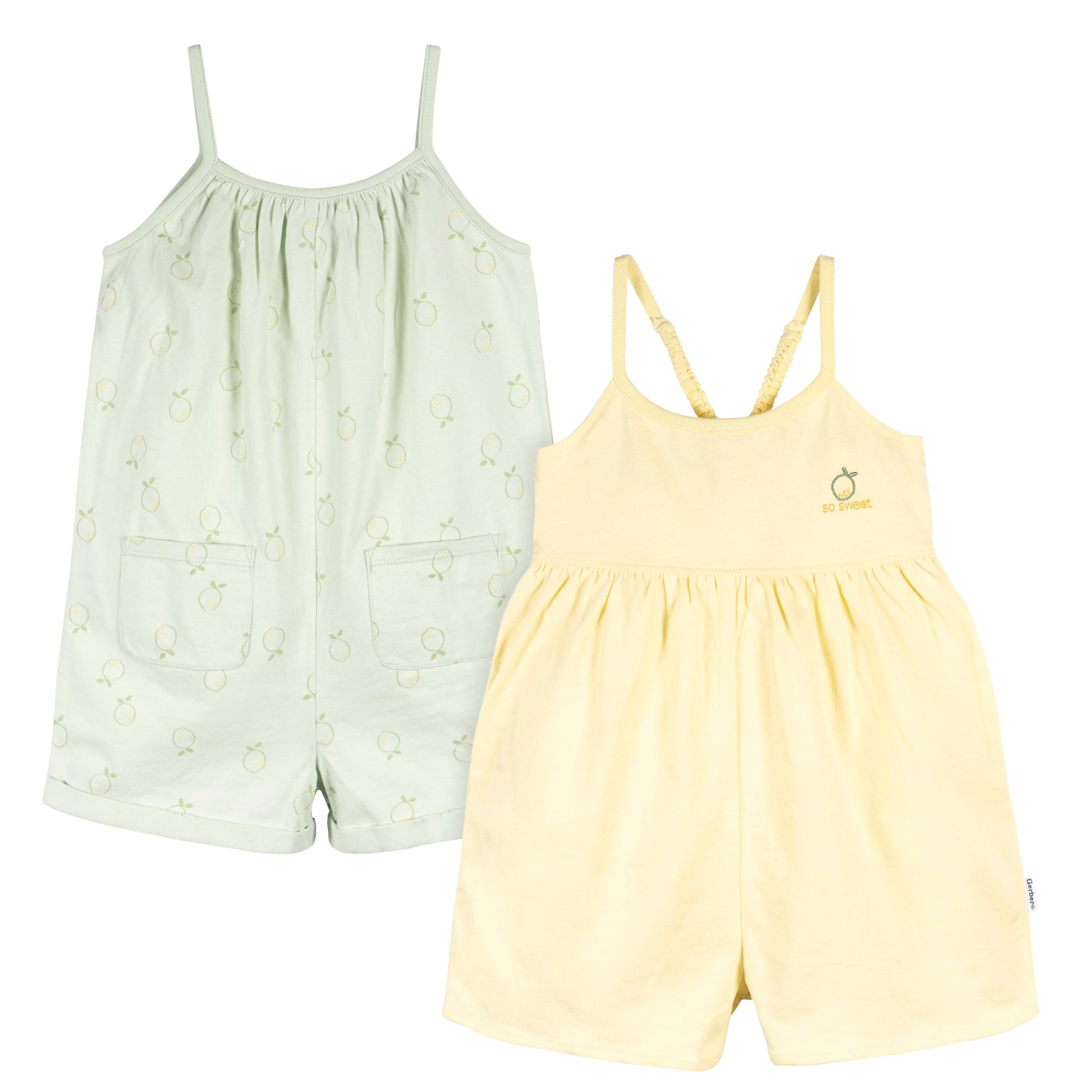 Gerber Baby Girls Toddler 2-Pack Sleeveless Romper Jumpsuit, Yellow Lemons, 4T
