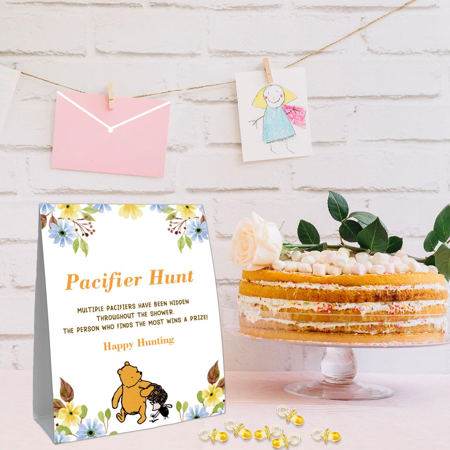 Guawubiang Winnie Mini Pacifiers Baby Shower Game, Pacifiers Hunt Sign, Pooh Themed Baby Shower Game Set, 50Pcs Yellow Mini Paci