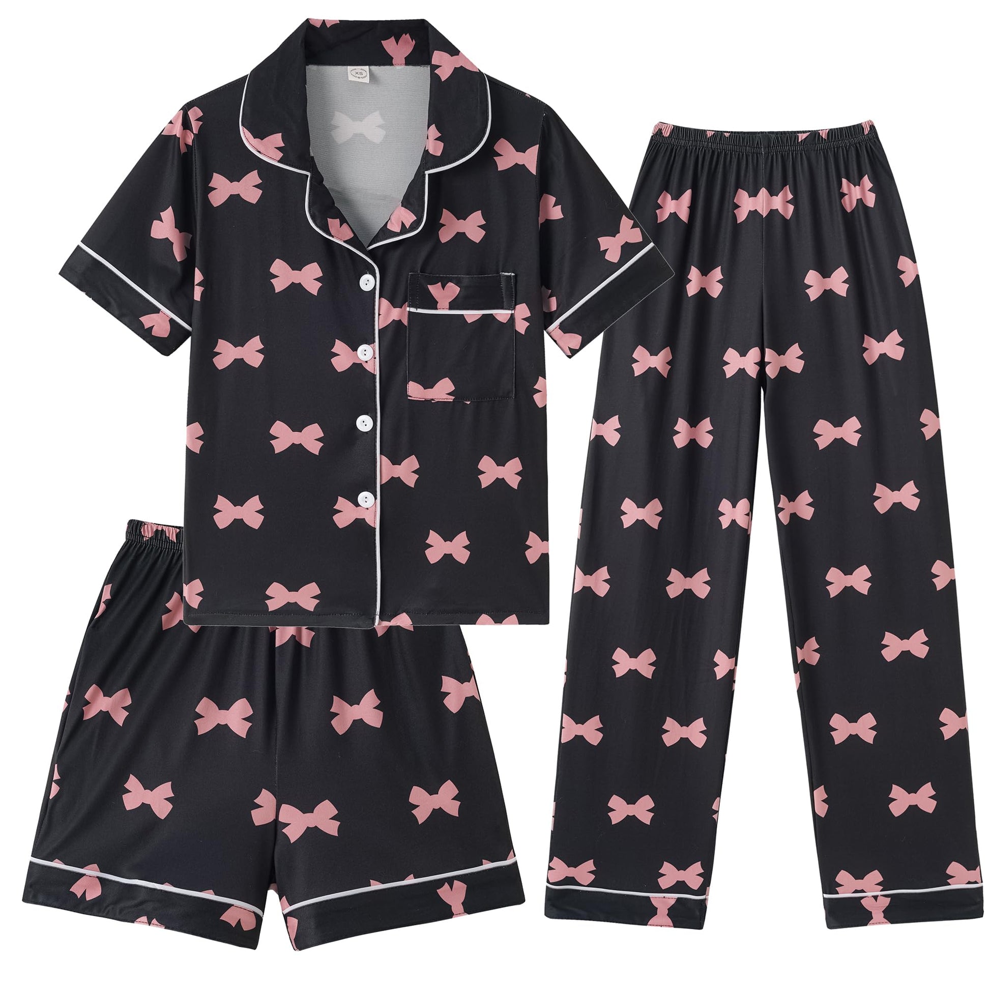Hupohoi Girls Pajamas Short Sleeve Long Pants and Shorts 3 Piece Sleepwear Button Down Outfit with Pockets Loung Sets, Pink Bowk