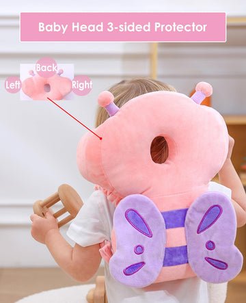 Junneng Baby Walker 3-Sided Head Protector Backpack Wear, Toddler Head Protection Safety Pad, Pink Butterfly