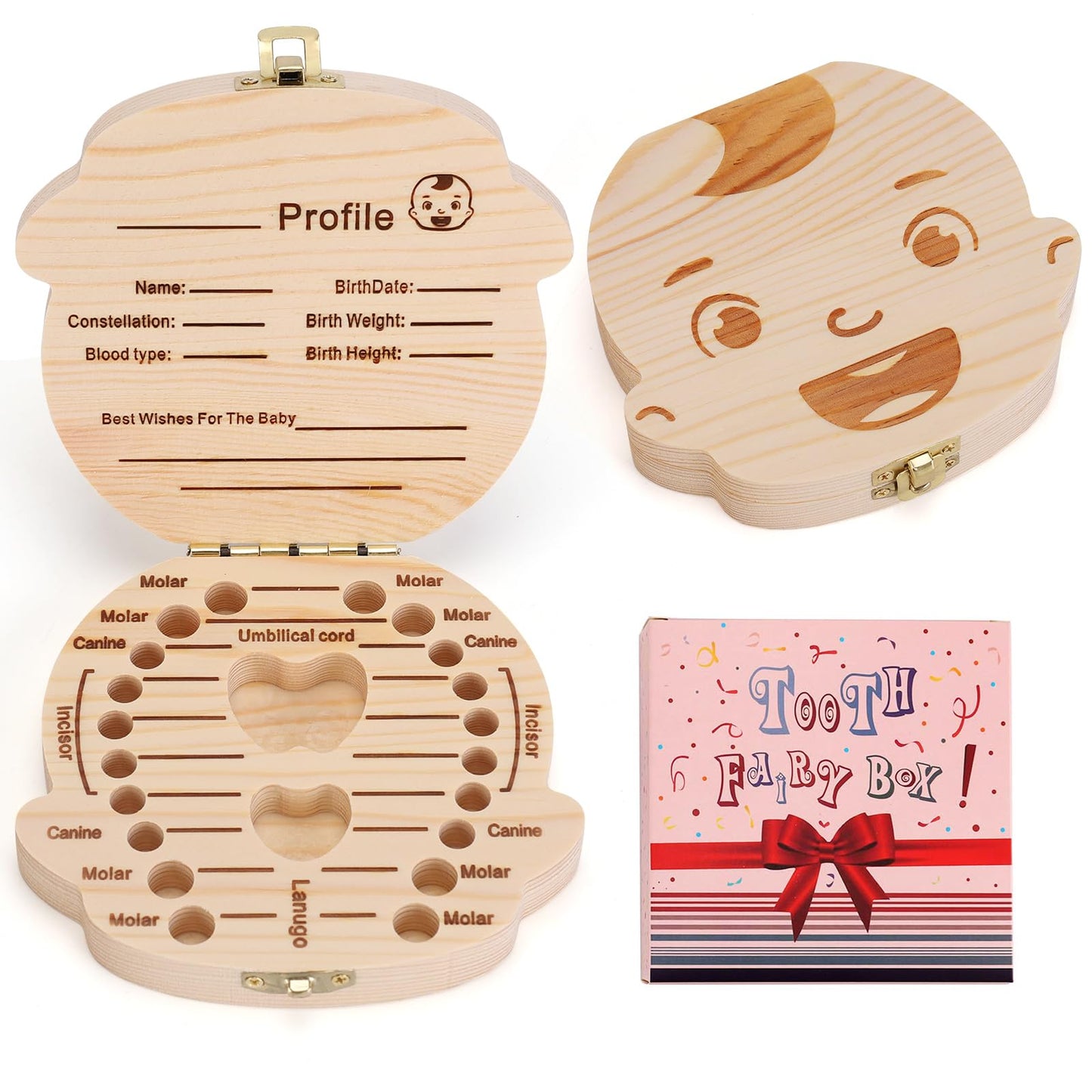 NASHRIO Baby Tooth Box Wooden Kids Keepsake Organizer Gift for Baby Teeth, Cute Children Tooth Container with Tweezers to Keep t