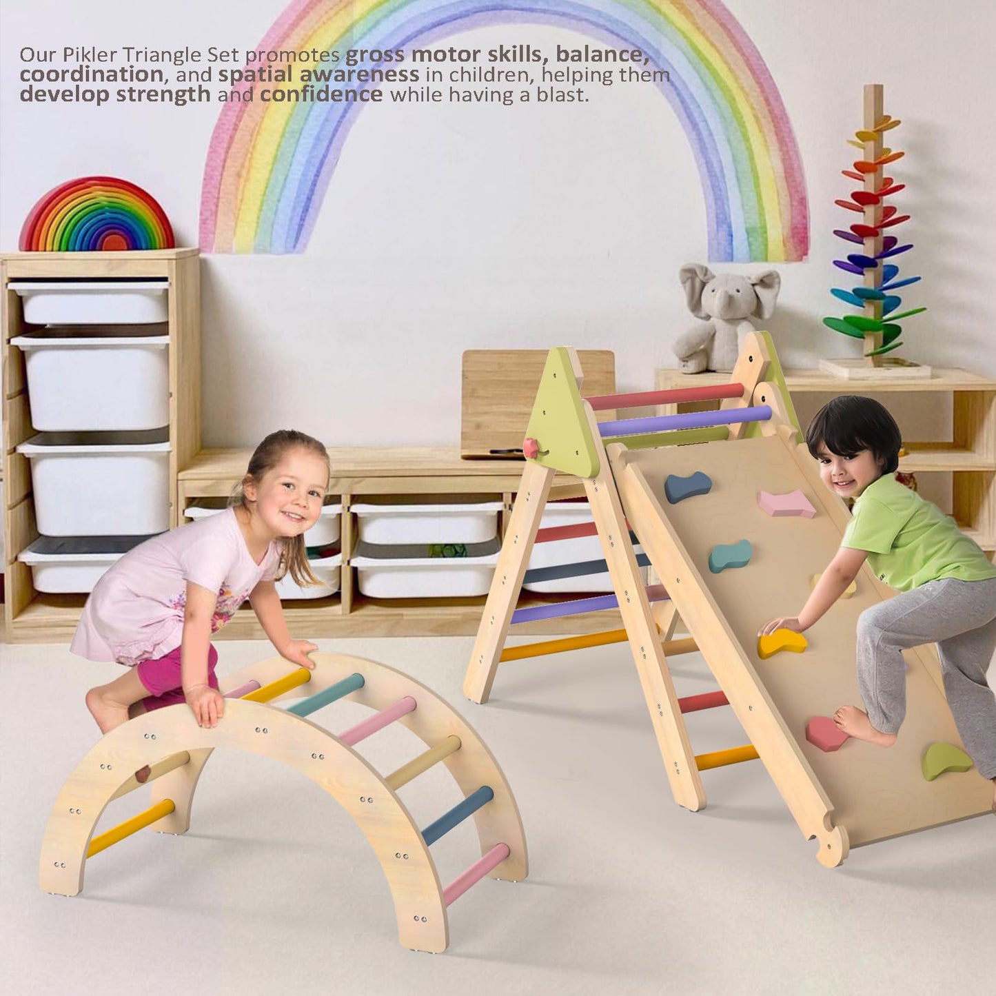 Aiwo Pikler Triangle Set 7In1 Montessori Toddler Climbing Toys Indoor, Climbing Toys For Toddlers 1-3 Inside, Baby Climbing Gym