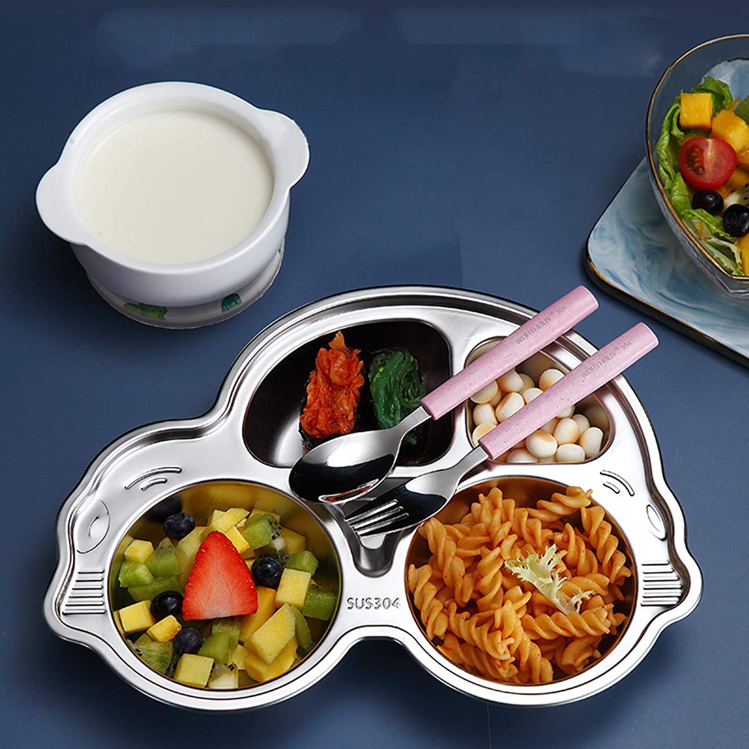 Happy Hues Stainless Steel Divided Meal Plate Tray3 Compartments Dinner Dish For Baby Toddler Kids Eating Food Car Shape