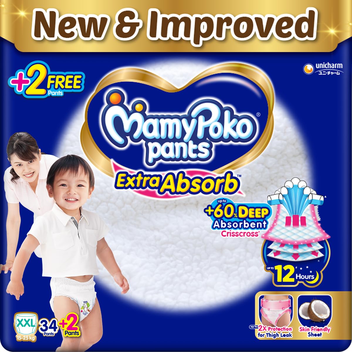 Mamypoko Pants Extra Absorb Baby Diapers, XxLarge (Xxl), 34 Count(+2) Free Diaper, 1525 Kg