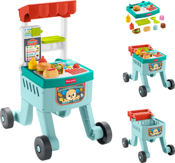 Fisher-Price Baby Push Toy 4-in-1 Snack Cart Walker Learning Activity, 14 Pieces for Pretend Play Infants Ages 6+ Months, Multil