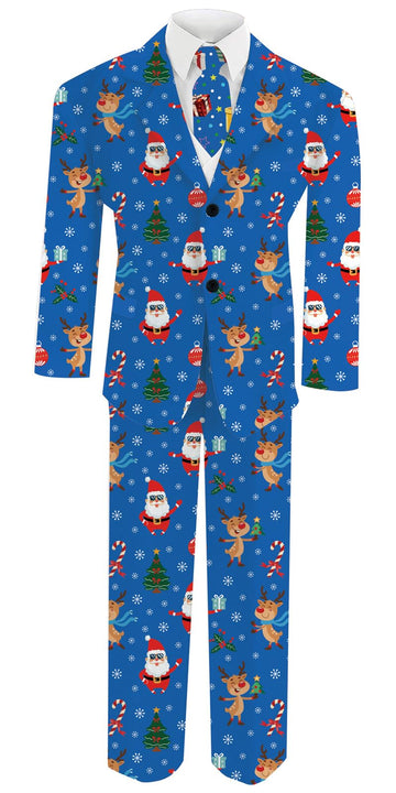 Xmas Suits For Kids 7-8 Years Old 3D Funny Blue Glasses Snowman Christmas Elk Costumes Modern Fit 3 Pacs Novelty Formal Suit For