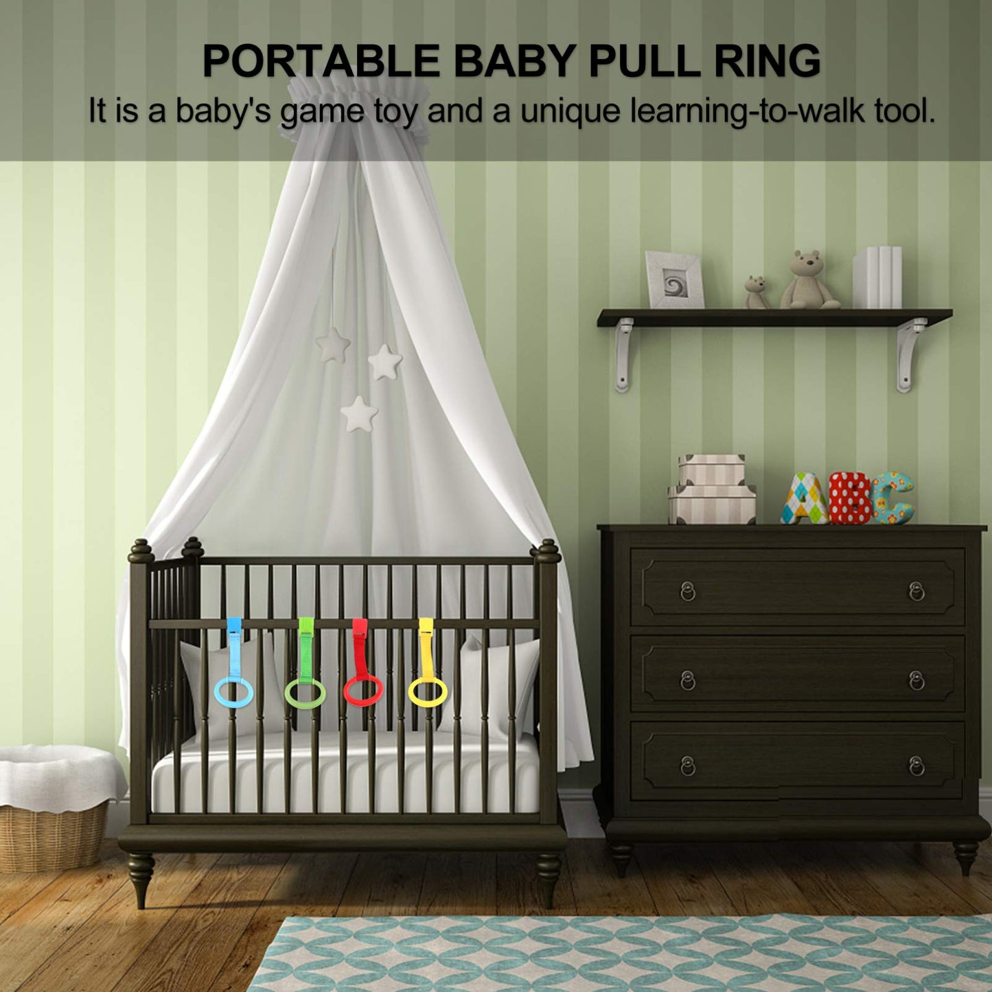 Kisangel 4Pcs Baby Play Gym Baby Crib Pull Ring Baby Bed Stand Up Rings Nursery Baby Cot Rings Toddler Activity Kids Walking Tra