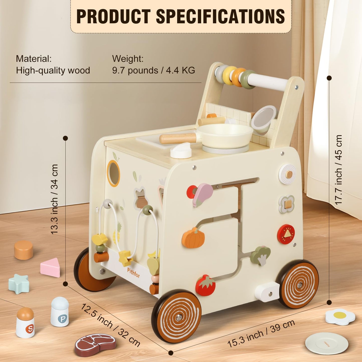 Pithfor Wooden Baby Walker, 3-in-1 Baby Push Walker, with Pretend Kitchen, Montessori Sensory Activity Center, Push Walker Toys
