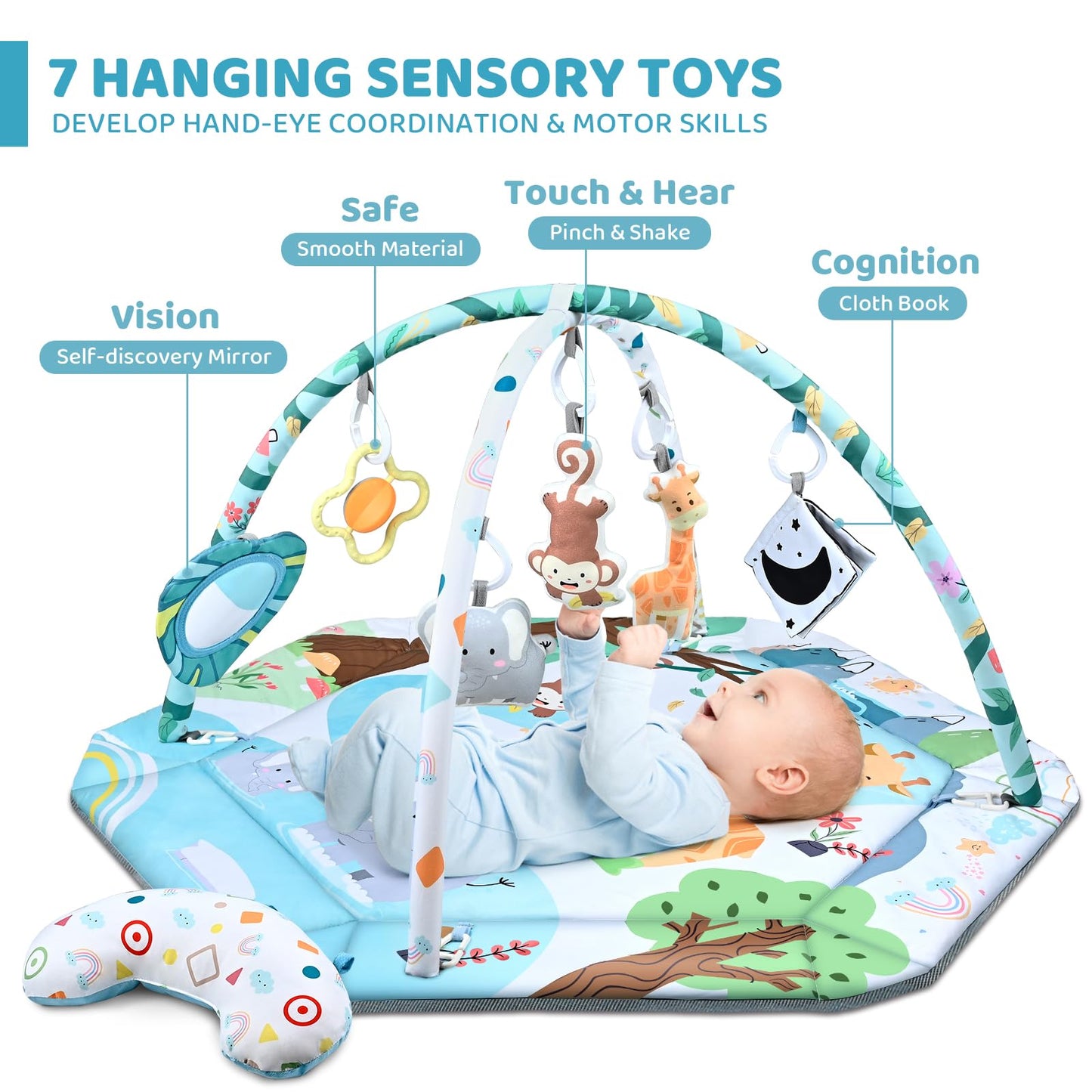 Baby Gym Play Mat, 8-In-1 Tummy Time Mat & Ball Pit With 6 Toys, Washable Baby Activity Play Mat For Visual, Hearing, Sensory, M