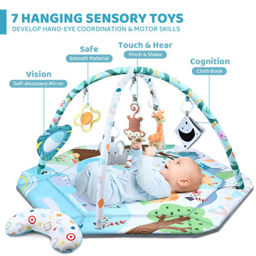 Baby Gym Play Mat, 8-In-1 Tummy Time Mat & Ball Pit With 6 Toys, Washable Baby Activity Play Mat For Visual, Hearing, Sensory, M