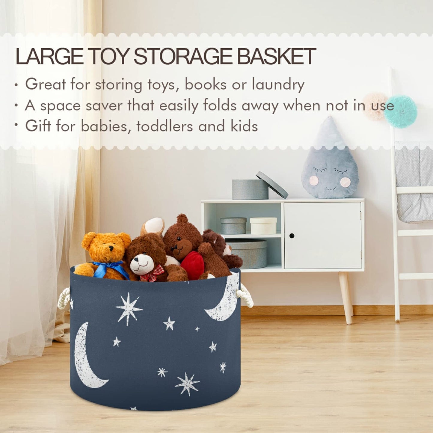 Alaza Moon Stars And Clouds On The Midnight Sky Storage Basket Gift Baskets Large Collapsible Laundry Hamper With Handle, 20X20X