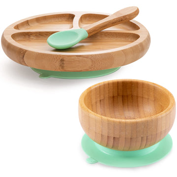 Baby Bamboo Suction Plate, Bowl And Spoon Set - Wooden Feeding Set For Toddler 1-3 Year Old - Silicone Suction Sticks To Most Hi
