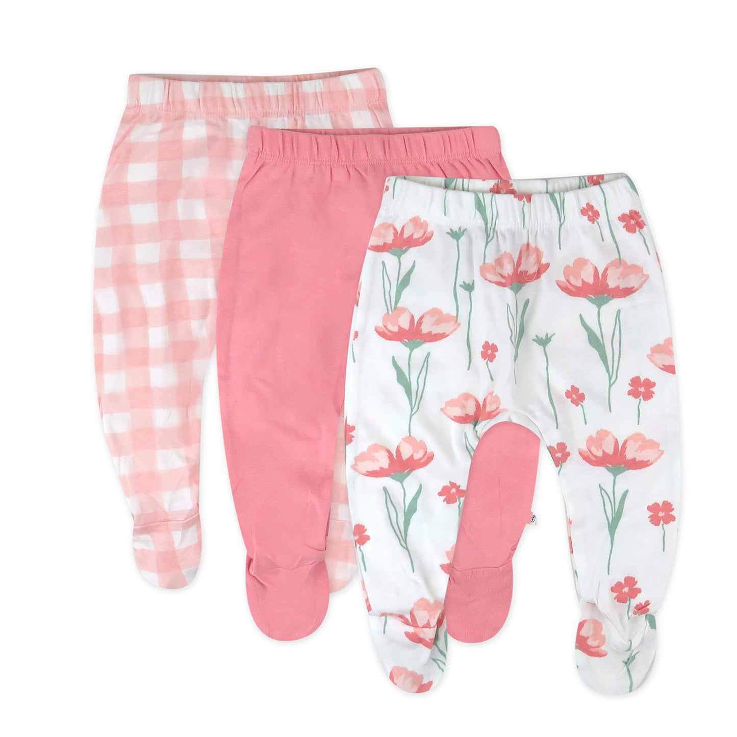 Honestbaby Baby 3-Pack Organic Cotton Footed Harem Pants, Strawberry Pink Floral, 6-9 Months