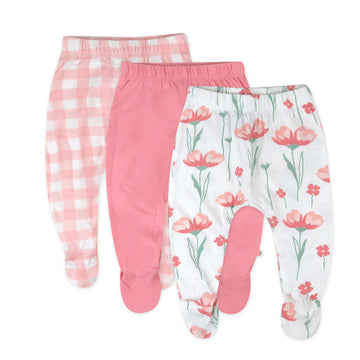 Honestbaby Baby 3-Pack Organic Cotton Footed Harem Pants, Strawberry Pink Floral, 6-9 Months