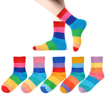 Epeius Girls Seamless Socks Rainbow Striped Crew Socks Baby Girl Cotton Dress Socks For 9-12 Years,Smooth Toes Socks 5 Pack Shoe