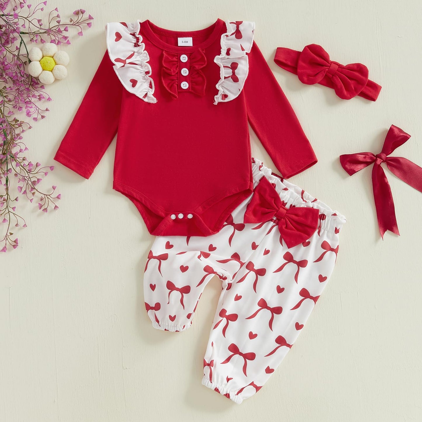 Rtnnsbbfcm Newborn Baby Girl Valentine'S Day Outfit Long Sleeve Ribbed Romper Heart Print Pants Headband 3Pcs Set (Red Bow, 0-3