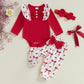 Rtnnsbbfcm Newborn Baby Girl Valentine'S Day Outfit Long Sleeve Ribbed Romper Heart Print Pants Headband 3Pcs Set (Red Bow, 3-6