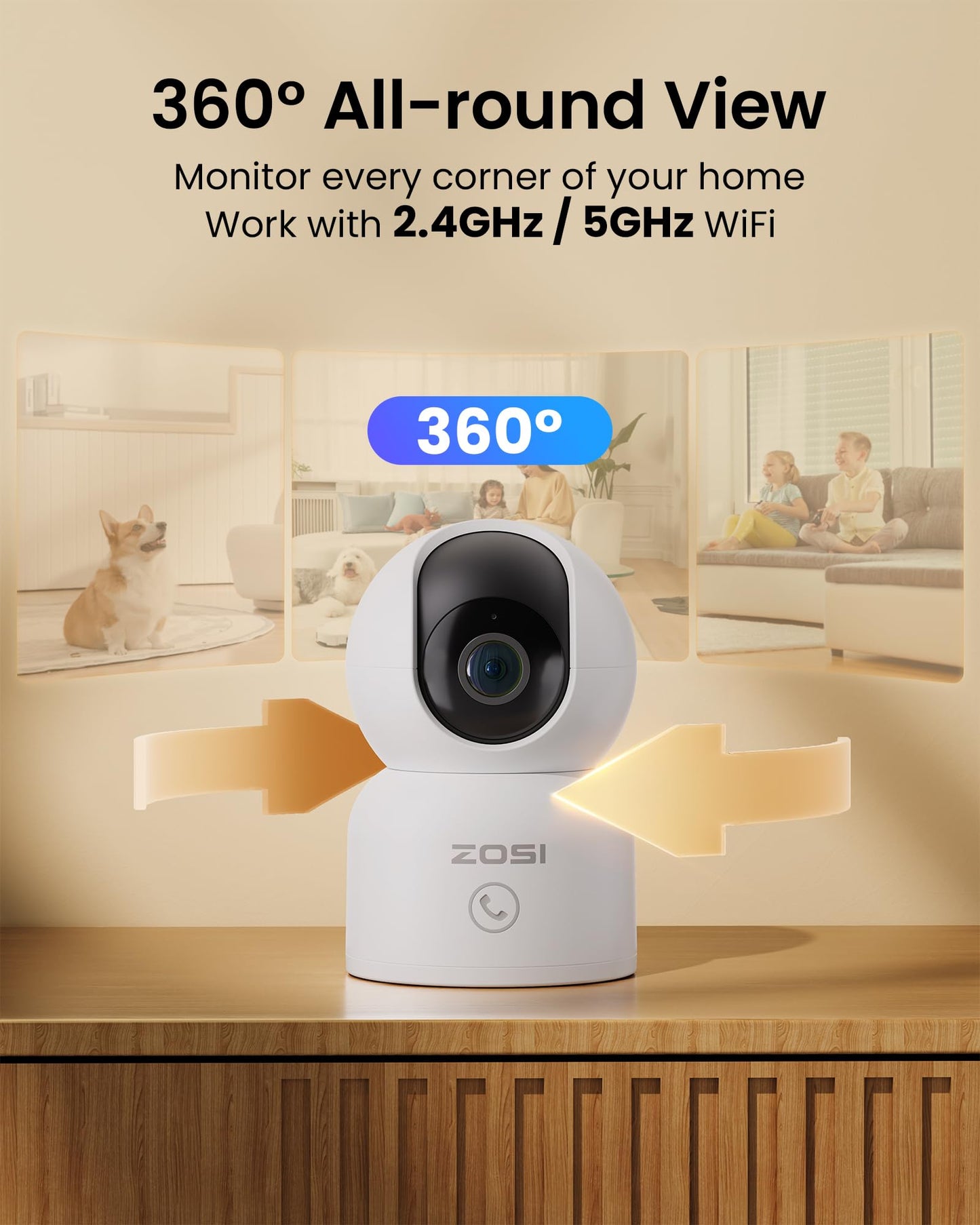 Zosi C518 4Mp Indoor Pan/Tilt Smart Home Security Camera For Pet Dog Baby Nanny Monitor,2.4G/5G Dual-Band Plug-In Wifi Cam,Auto-