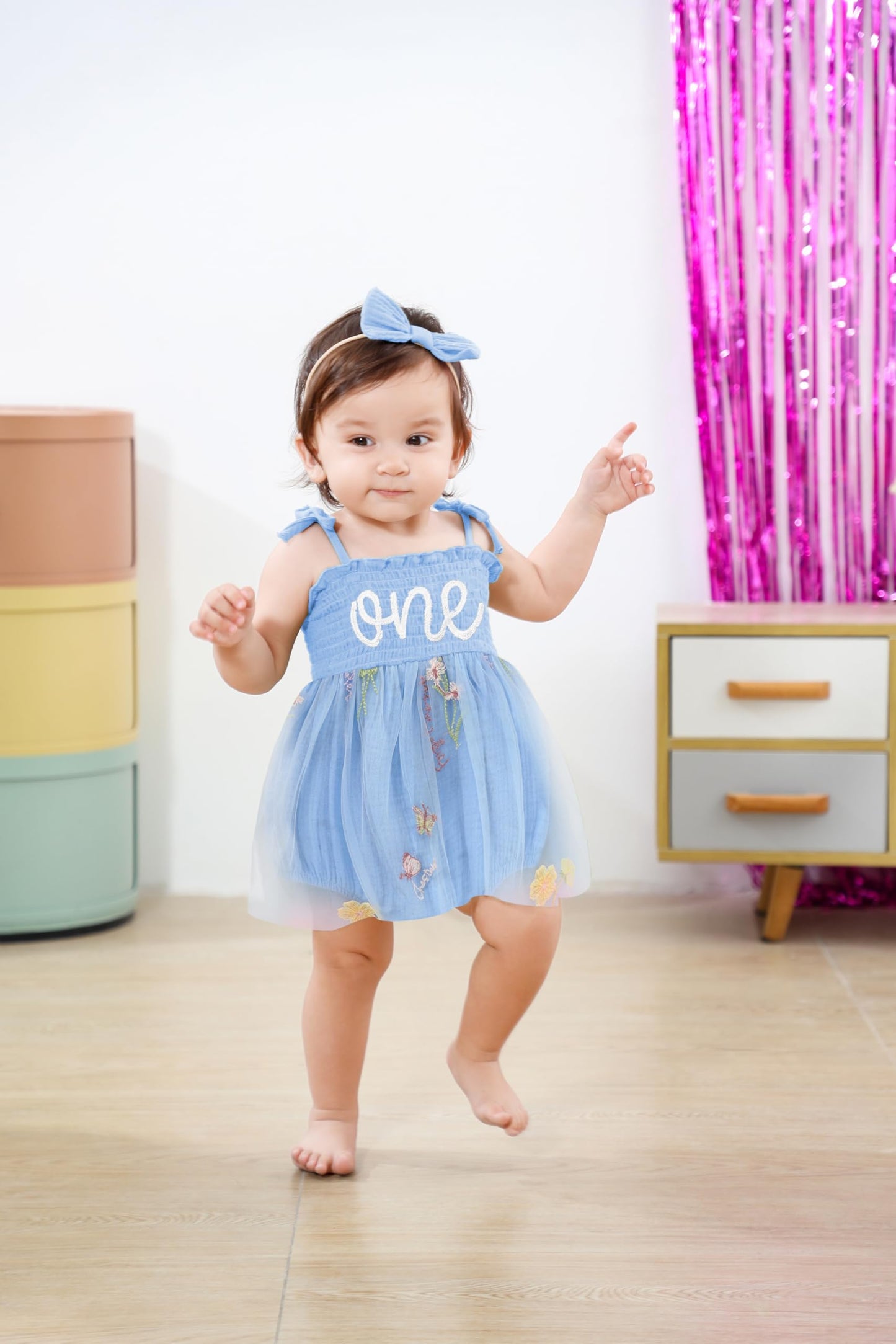 Titkkop Baby Girl 1St Birthday Clothes One Year Old Tulle Romper Sleeveless Bodysuit Cake Smash Outfits(Blue3,12-18M)