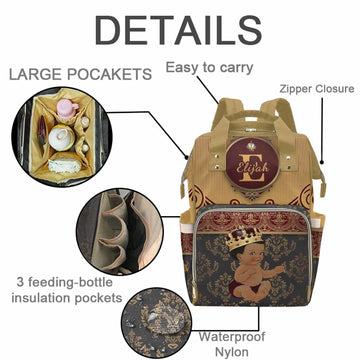 M Yescustom Personalized Diaper Bag, Vintage Custom Brown Crown Prince Diaper Bag With Name, Waterproof Diaper Bag Backpack Momm